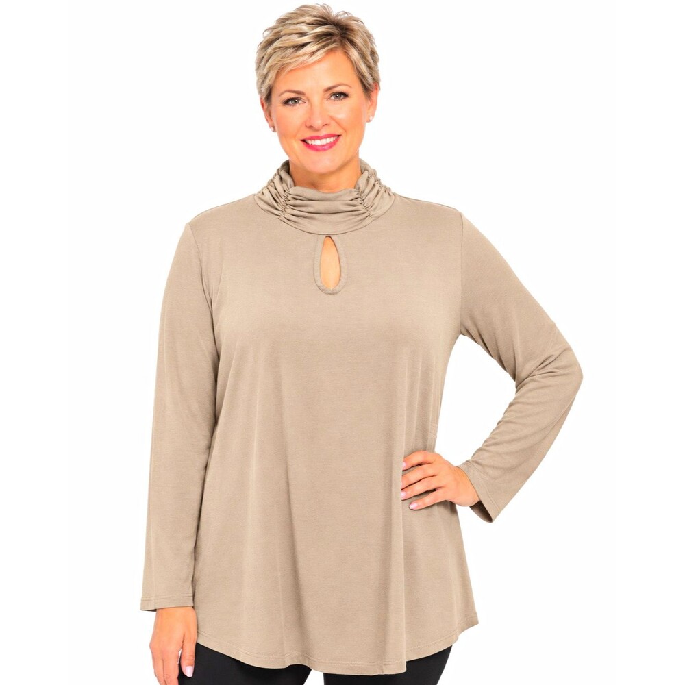 Susan Graver Womens Tunic Top 2X Beige Ruched Neck Keyhole LIQUID KNIT Boho LS